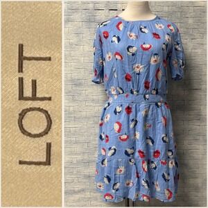 LOFT Blue Floral Print Tiered Ruffle Dress Womens 4‎ Short Sleeve Smocked Waist
